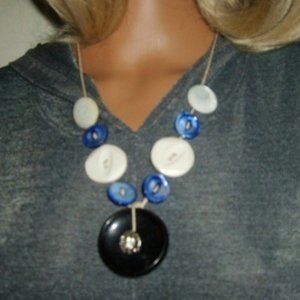 Necklace Vintage Buttons Hemp Twine BOHO Handmade One Of A Kind Black/Blue/Cream